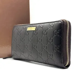 【手元に品格が宿る】　GUCCI　長財布 ラウンドファスナー グッチシマ エンボスレザー ゴールド金具 12カード　ダークブラウン