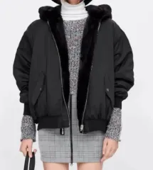 ZARA レディース リバーシブル ファー ブルゾン (XS/ブラック) 両面 フード ジャケット