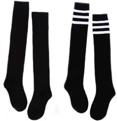 Tengcong ハイソックス - 2足組セット オーバーニーソックス ロングソックス 綿 保温 防寒 レディース サイハイソックス 美脚 無地 通学 通勤 靴下 (ブラック+ブラックストライプ,  Free Size)