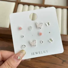 セットピアス バタフライ ローズ ハート ストーン シルバー ゴールド  ピンク ミニピアス 両耳用 シンプル カジュアル フェミニン かわいい 韓国アクセ