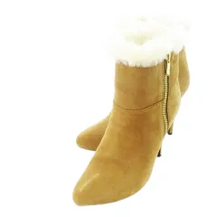 ダイアナ DIANA ショートブーツ ハイヒール アーモンドトゥ ムートン スエード ファー 23.0cm ベージュ /CK10 ■GY12