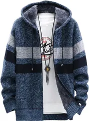 GANATA（ガナタ） ニットパーカー メンズ ニットフリース 裏起毛 防寒 フード付き ジップアップ アウター ブルー (ブルー (TYPE C),  L)