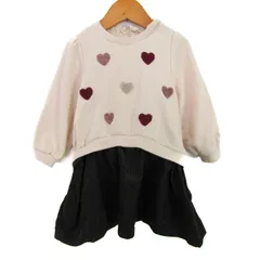 プティマイン 切替ワンピース トップス 長袖 スウェット ハート ベビー 女の子用 90サイズ ピンク×茶 petit main 【中古】