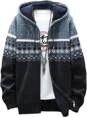 GANATA（ガナタ） ニットパーカー メンズ ニットフリース 裏起毛 防寒 フード付き ジップアップ アウター ネイビー (ネイビー (TYPE A),  L)