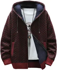 GANATA（ガナタ） ニットパーカー メンズ ニットフリース 裏起毛 防寒 フード付き ジップアップ アウター レッド (レッド (TYPE B),  M)