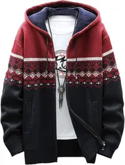 GANATA（ガナタ） ニットパーカー メンズ ニットフリース 裏起毛 防寒 フード付き ジップアップ アウター レッド (レッド (TYPE A),  XL)