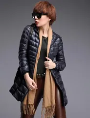 ＜在庫処分＞秋冬新作 レディース 超薄軽量ダウンコート｜韓国風 スリム 中長丈 大きめ フード付き ジャケット（ブラック）　bu1