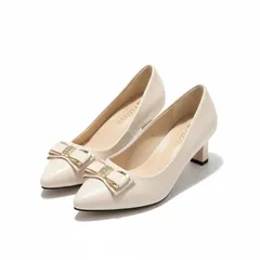 [ReiLuana] パンプス 結婚式 痛くない 歩きやすい 5cm ヒール ポインテッドトゥ ビジュー リボン (ベージュ, 日本の靴のサイズ寸法, 大人, 数値, 23.5 cm) [ベージュ] [23.5 cm]