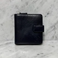 イタリア製 HIROFU ヒロフ 二つ折り財布 本革 レザー ネイビー ロゴ ジップ