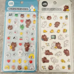 【新登場！】LINE　FRIENDS　ライン　クリア　3D　ぷっくり　立体　ぷくぷく　シール　ボンボンドロップシール風　動物　アニマル　2種セット(ブルー・ホワイト)
