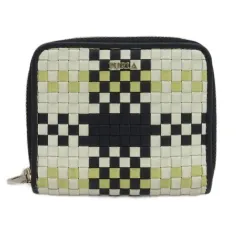 フルラ FURLA コンパクトウォレット 二つ折り 財布 ジップ 編み込み レザー ブラック アイボリー