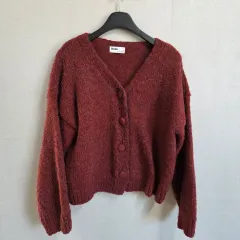 レディース バーガンディ Vネック 厚手 カーディガン F