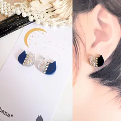煌めく バイカラー 猫 ピアス イヤリング ネイビー