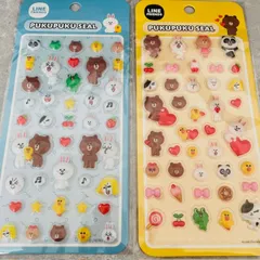LINE　FRIENDS　ライン　クリア　3D　ぷっくり　立体　ぷくぷく　シール　ボンボンドロップシール風　動物　アニマル　2種セット(ブルー・イエロー)