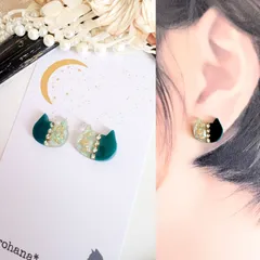煌めく バイカラー 猫 ピアス イヤリング グリーン