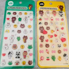 LINE　FRIENDS　ライン　クリア　3D　ぷっくり　立体　ぷくぷく　シール　ボンボンドロップシール風　動物　アニマル　2種セット(グリーン・イエロー)