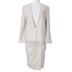 トゥモローランドコレクション TOMORROWLAND collection 美品 セットアップ スーツ ノーカラー ジャケット スカート ひざ丈 タイト シルク混 4 XS相当 36 S相当 ピンク X