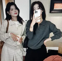 (海外配送)カラーネック ニット 長袖Tシャツ (複数カラー)