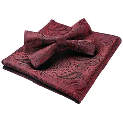 [HISDERN] 蝶ネクタイ 結婚式 赤 ワンタッチ チーフ セット ペイズリー柄 フォーマル ビジネス用 ブランド 礼服用 慶事用 プレゼント BR-02