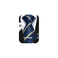 [HISDERN] ネイビー ネクタイ メンズ ビジネス ネクタイ チーフ タイピン カフスボタン 4点セット ストライプ柄 就活 入学式 父の日 プレゼント卒業式 二次会 A4-02