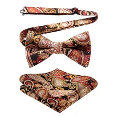 [HISDERN] ブラウン 蝶ネクタイ メンズ 結婚式 大人 ワンタッチ ボウタイ チーフ セット ペイズリー 花柄 おしゃれ ビジネス ブランド 高級 タキシード 礼服 男性 BR-02
