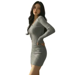 [ReiLuana] ニット ワンピース レディース リブ タイト ミニ Vネック 長袖 無地 シンプル 細見え 小顔 秋 冬 人気 かわいい お洒落 きれい ワンピ 美 脚 長 バスト ボディー ライン 胸元 着やせ 細身 [グレー] [Free Size]