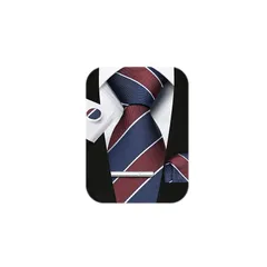 [HISDERN] ネクタイ メンズ セット ビジネス: 赤 ブランド ネクタイ ストライプ チーフ シルク 通販 就活 成人式 卒業式 入学式A4-02