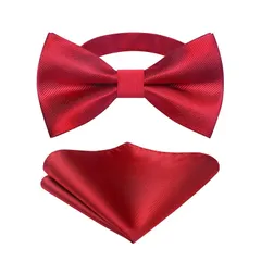 [HISDERN] レッド 蝶 ネクタイ 大人 メンズ 無地 ワンタッチ 結婚式 蝶ネクタイ チーフ セット 絹 シルク ボウタイ ストライプ 結婚式 簡単着脱 入学式 披露宴 パーティー BR-03