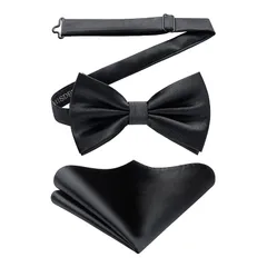 [HISDERN] ブラック 蝶ネクタイ 大人 結婚式 メンズ 黒 無地 ワンタッチ 二つ折り 蝶 ネクタイ チーフ セット 簡単着脱 ボウタイ入学式 卒業式 新郎 パーティー 演奏会 男性 BR-03