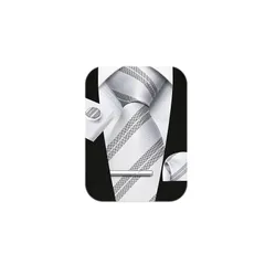 [HISDERN] ネクタイ メンズ ブランド 結婚式 - シルバー ネクタイ ストライプ チーフ セット シルク おしゃれ 通販 人気A4-01