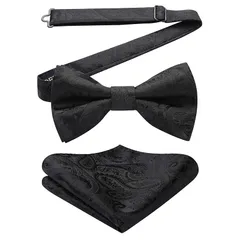 [HISDERN] 黒 蝶ネクタイ 大人 メンズ ワンタッチ ペイズリー柄 チーフ セット フォーマル ブラック ボウタイ 結婚式 簡単着脱 調節可能 bowtie BR-01