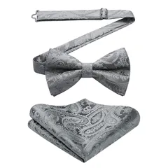 [HISDERN] グレー 蝶ネクタイ 大人 結婚式メンズ フォーマル ペイズリー柄 ボウタイ ワンタッチ チーフ セット 簡単着脱 調節可能 bowtie BR-01