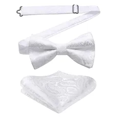 [HISDERN] 蝶ネクタイ 大人 メンズ 結婚式 ワンタッチチーフ セット ペイズリー柄 ホワイト フォーマル ボウタイ 結婚式 簡単着脱 調節可能 bowtie BR-01