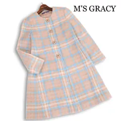M'S GRACY エムズグレイシー 秋冬★ モヘヤ混 ウール チェック ノーカラー コート Aライン Sz.38 レディース 日本製のサムネイル
