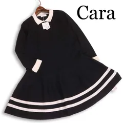 新品 未使用★ Cara カーラ 秋冬 ウール混 裾ボーダー 配色 ニット フレア ワンピース Sz.L レディース 黒のサムネイル
