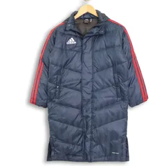 adidas アディダス 秋冬 ロゴ★ フーディー 3本ライン ストライプ ダウン ロング コート ベンチコート Sz.130 キッズ 紺