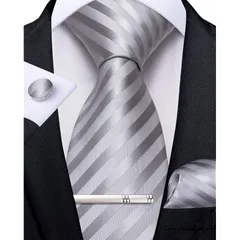 [DiBanGu] ネクタイ 結婚式 シルバー ネクタイ グレー ストライプ ビジネス ポケットチーフ セット 就活 入学式
