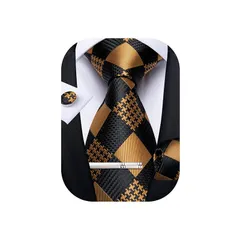 [DiBanGu] ネクタイ 格子縞 ブラック＆ゴールド ネクタイ ポケットチーフ タイピン ビジネス ギフトボックス付き 入学式
