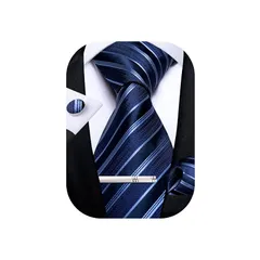 [DiBanGu] ネクタイ ネイビー ストライプ ハンカチ カフスボタン タイピン セット ビジネス 卒業式 就活 (ネイビー＆ブラック)