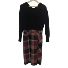 ブルーレーベルクレストブリッジ ワンピース サイズ36 S レディース - 黒×ボルドー×マルチ Vネック/長袖/ひざ丈/チェック柄