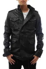 アカンサス／ACANTHUS フィールドジャケット JKT アウター ミリタリー メンズ 男性 男性用 レザー 革 本革 ブラック 黒  L1111 ヴィンテージ加工 M-65 ミリタリー ミリタリー