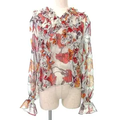 ザラ ベーシック ZARA BASIC 花柄 シフォン ブラウス 長袖 シアー M 赤系 レッド アイボリー ■GY54 A0122