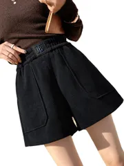 レディース ショートパンツ コーデュロイ ハイウエスト Aライン カジュアル ウエストゴム キュロット ボトムス ホットパンツ 韓国 2カラー ホットパンツ ショーパン 短パン ミニ ショート 丈 ゆったり ボトム ぱんつ 春 秋 冬 ブ [ブラック] [M]