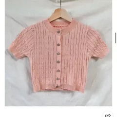 新品 ピンク ケーブル編み 半袖 ニット カーディガン