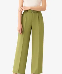 [Lunenon Soleil] 【脚長×美脚シルエット】 ロングパンツ レディース ハイウエスト ワイドパンツ スラックス きれいめ ストレート 通勤 無地 ズボン オフィス 春夏秋 脚長効果 ベルト付き 美脚 シルエット パン [ライトグリーン] [XL]