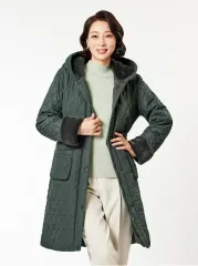 キルティング フード ロング コート カーキ色