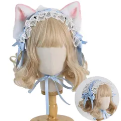 [Ligwon] ヘッドドレス 猫耳 ネコ耳 カチューシャ ロリータ リボン ヘアアクセサリー 髪飾り 蝶結び レース ねこ耳 ゴスロリ メイド 森ガール ヘッドアクセサリー かわいい ハロウィン パーティー イベント 学園祭 文化祭 お茶会 (ライトブルー＋