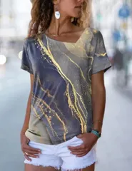 【新品】レディース マーブルプリントアンシンメトリーVネックTシャツ