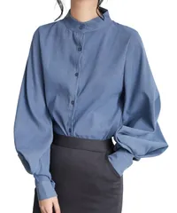 [グリーンパキラ] レディース ブラウス 長袖 トップス パフスリーブ シャツ 秋 冬 春 オフィスカジュアル スタンドカラーシャツ 大きいサイズ 丸首 襟付き シンプル 無地 前開き 女性 (M, ライトブルー) [ライトブルー] [M] [標準]