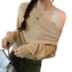 [AQUA Marine] オフショルニット レディース トップス ワンショル ゆったりシルエット 肩見せ ルーズフィット 長袖 大人カジュアル シンプル きれいめ カジュアル 体型カバー 秋冬 通勤 休日 (J [ベージュ] [Free Size] [標準]